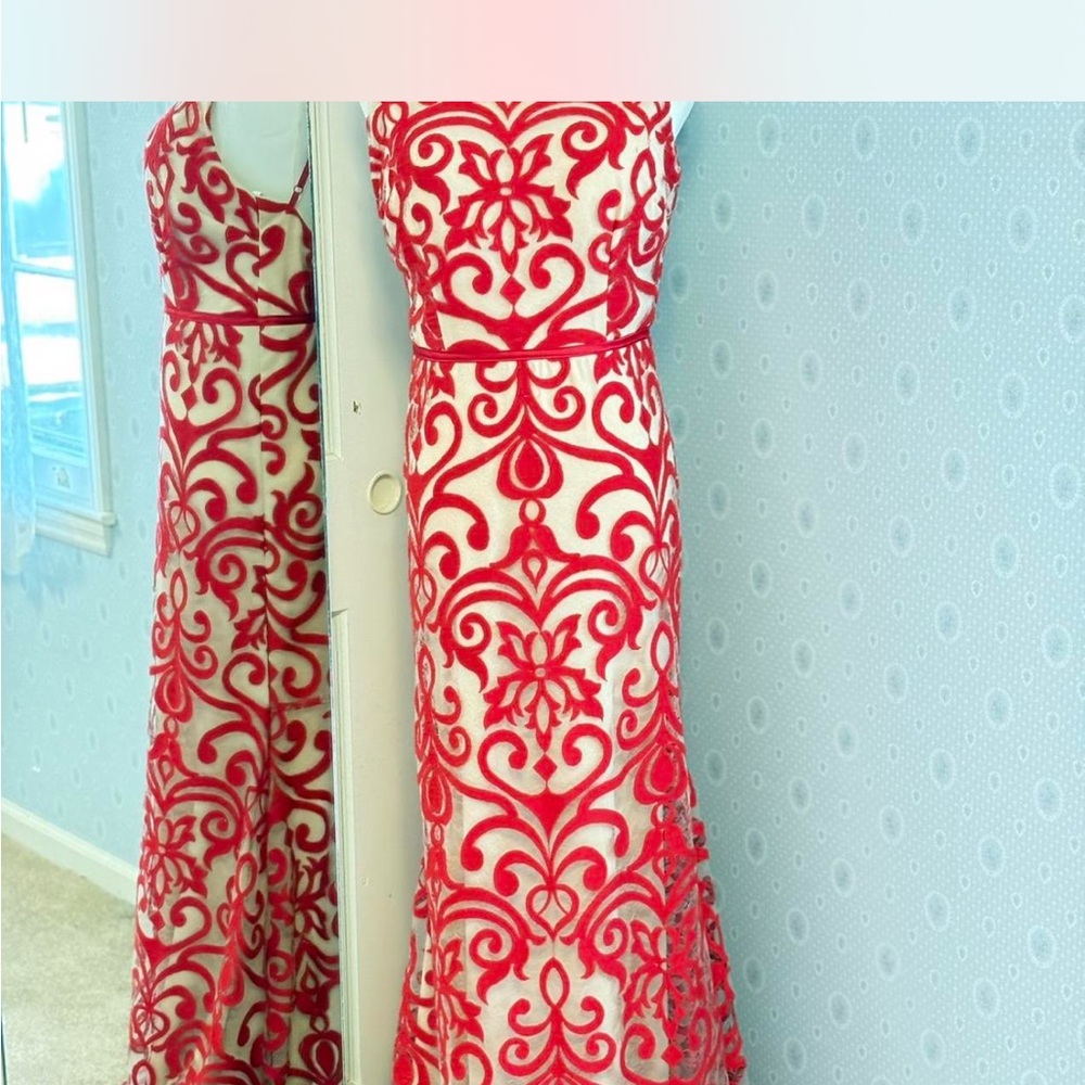 B Darlin womens formal dress sheer w/red velvet overlay nude lining#mermaid#chic